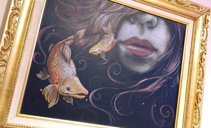 Alaskan Artist Jamie Bottoms , Fisherman's Dream painting with salmon